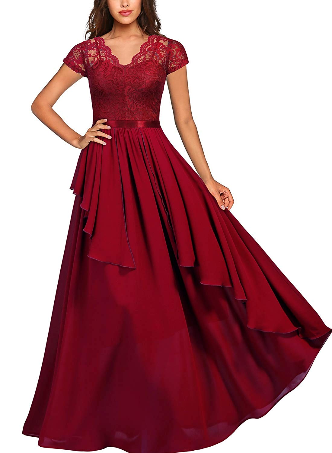 Miusol Womens V Neck Elegant Lace Ruffle Bridesmaid Maxi Dress