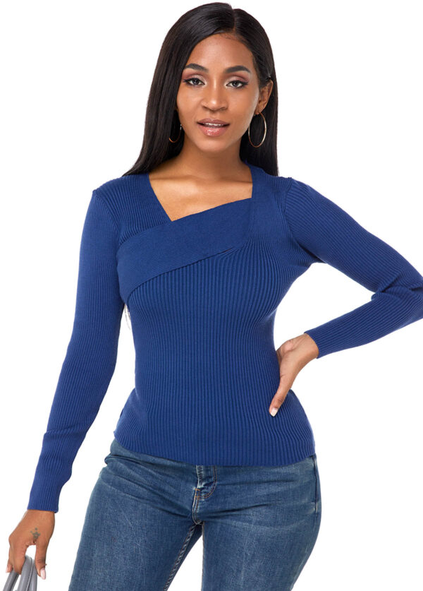 Long Sleeve Blue Asymmetric Neck Sweater