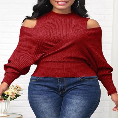 Long Sleeve Cold Shoulder Red Sweater