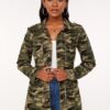 Drawstring Waist Turndown Collar Camouflage Print Jacket