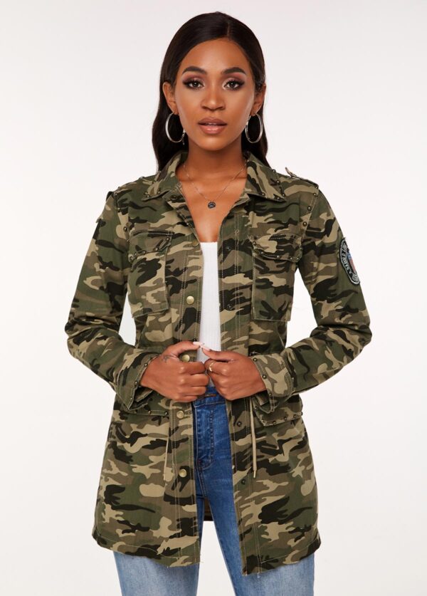 Drawstring Waist Turndown Collar Camouflage Print Jacket