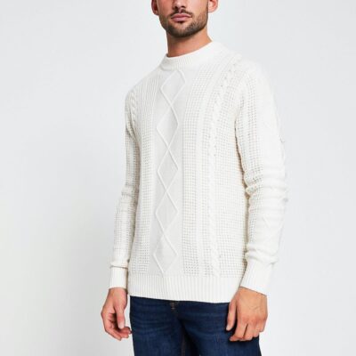 Ecru cable knit slim fit jumper