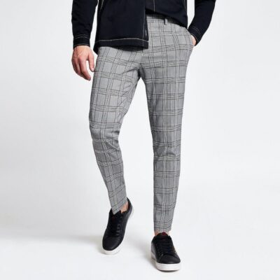 Grey check super skinny crop fit trousers